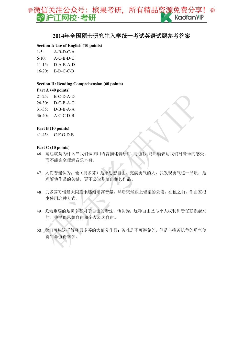 2014年全国硕士研究生入学统一考试英语试题参考答案【公众号：研料库料最全】.pdf_第1页