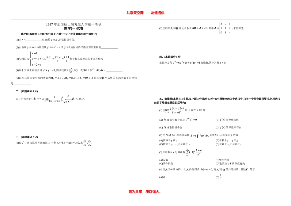 考研数学历年真题(1987-2012)年数学一_可直接打印(纯试题).doc_第1页