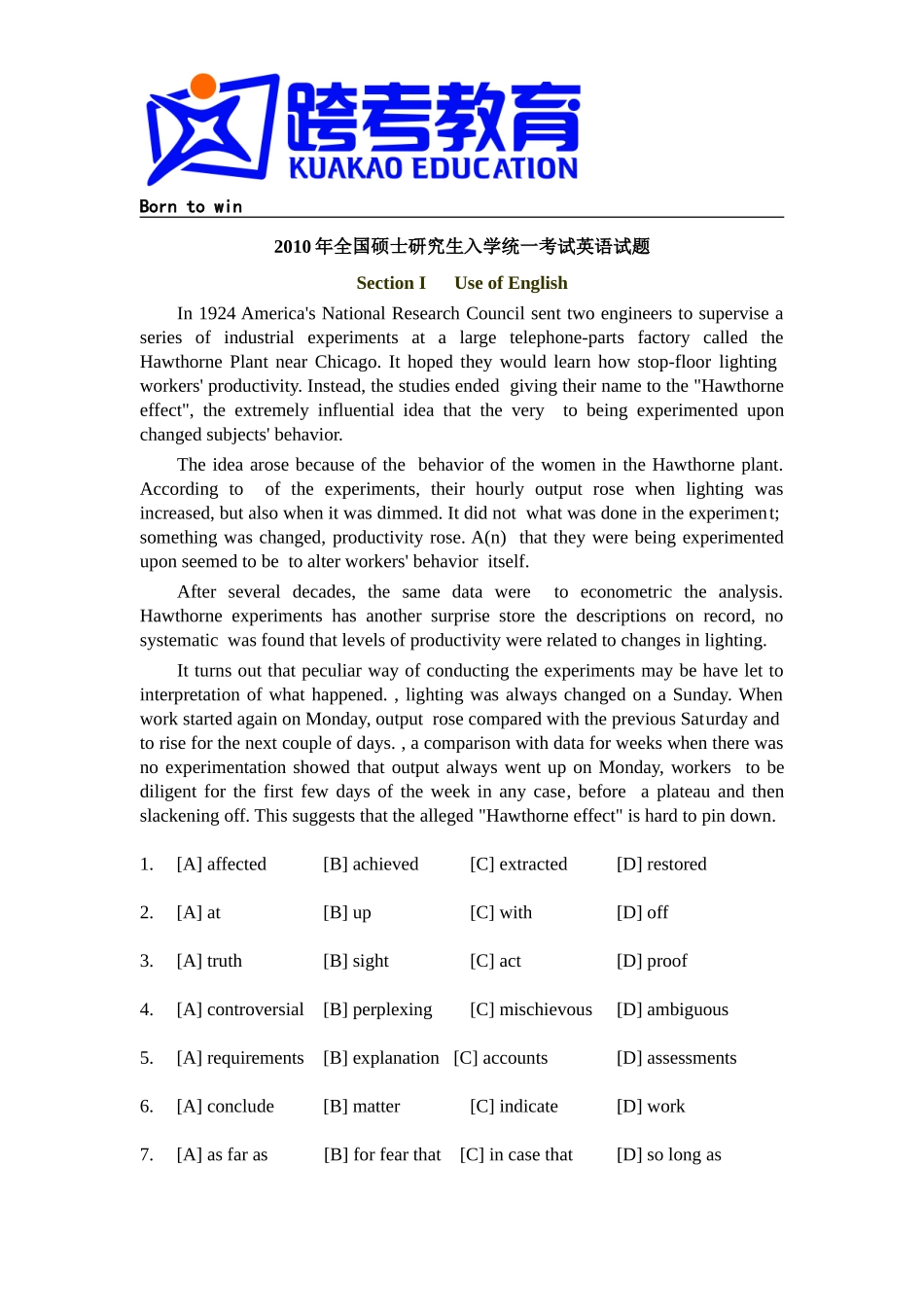 2010年全国硕士研究生入学统一考试英语一试题及解析.doc_第1页