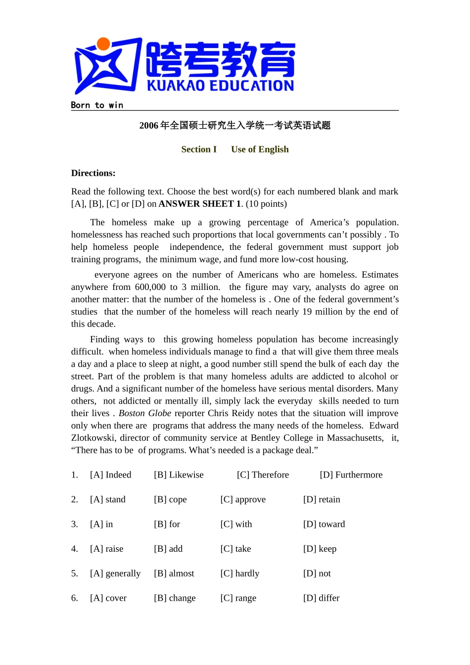 2006年全国硕士研究生入学统一考试英语一试题及解析.doc_第1页
