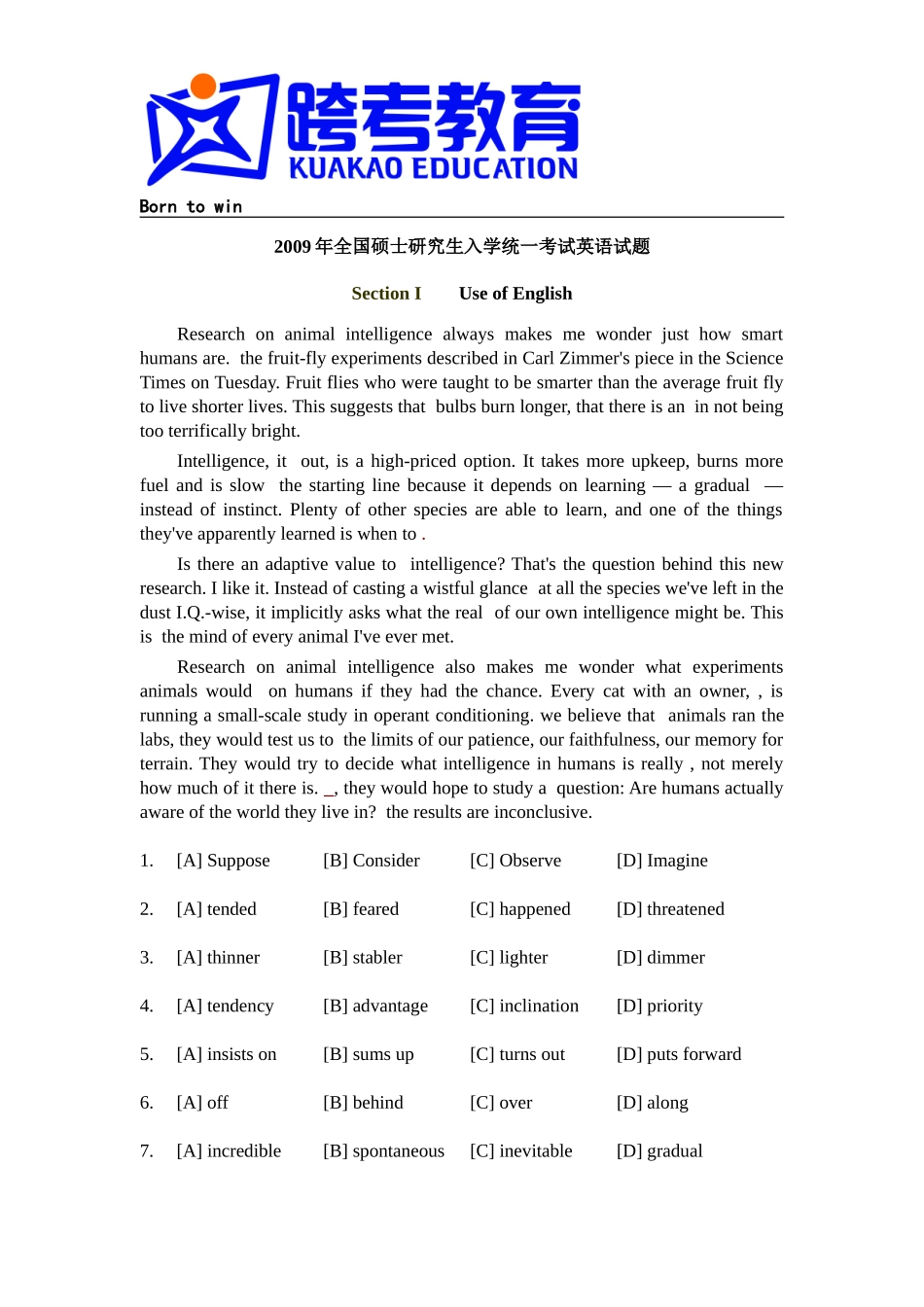 2009年全国硕士研究生入学统一考试英语一试题及解析.doc_第1页