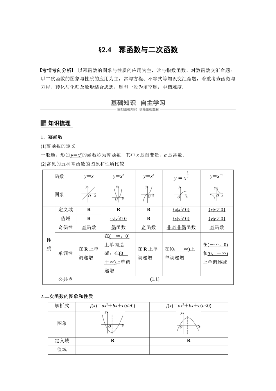 2020年高考数学一轮(江苏理) 第2章 2.4 幂函数与二次函数.docx_第1页