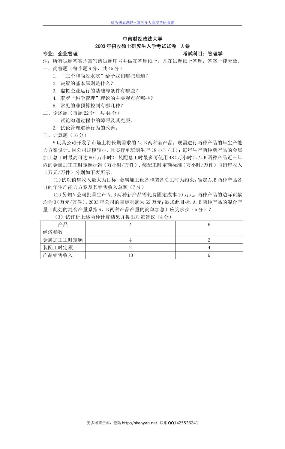 中国财经政法大学考研真题—管理学2003（A）【试题+答案】.doc_第1页