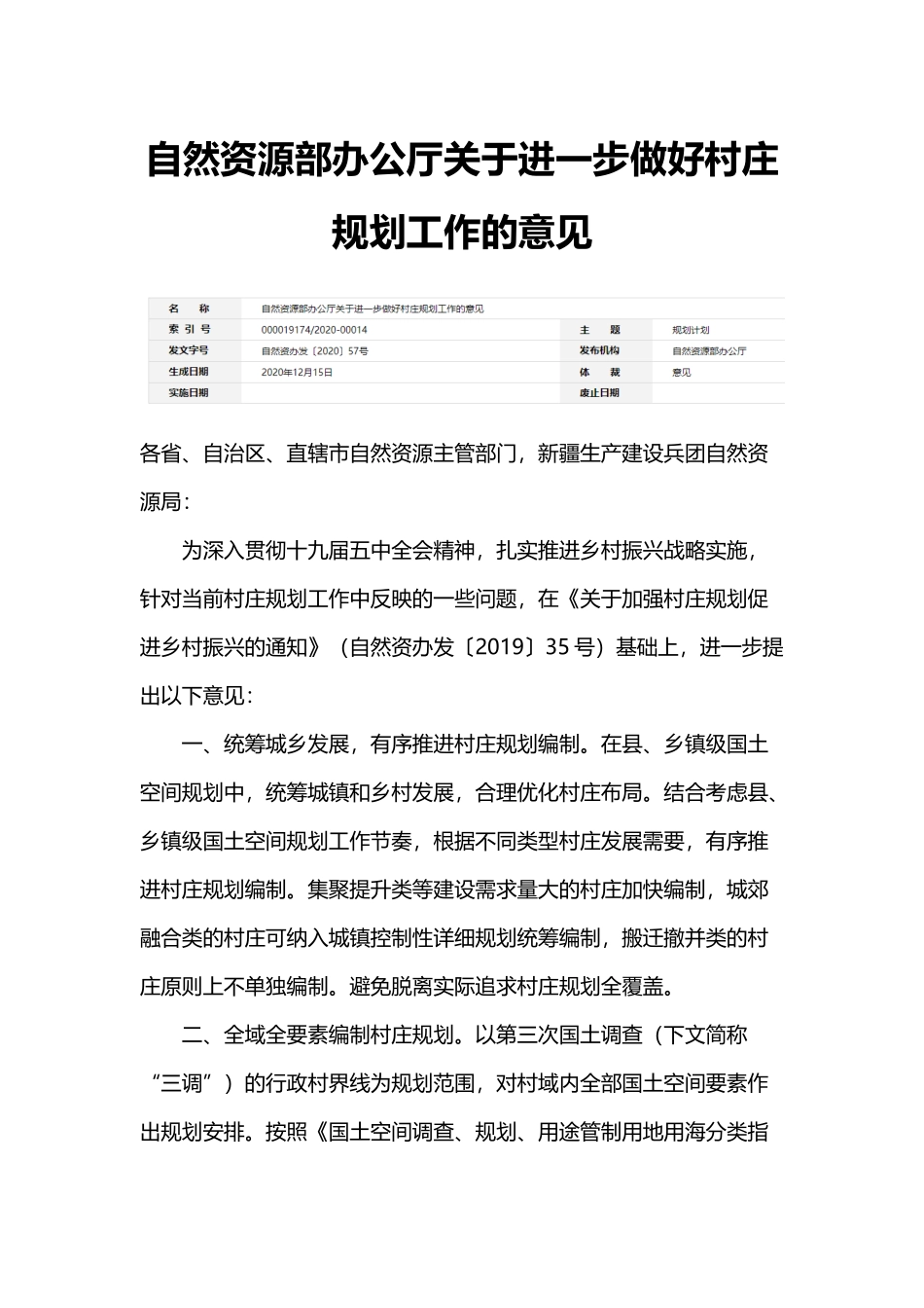 20201215 自然资源部办公厅关于进一步做好村庄规划工作的意见.docx_第1页