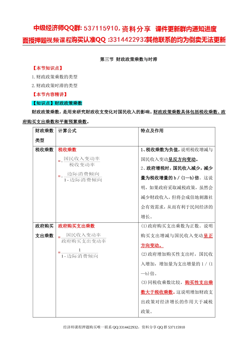 2017中级经济师-经济基础-精讲班-38、第十七章财政政策-第三节财政政策乘数与时滞及第四节我国财政政策实践经验.doc_第1页