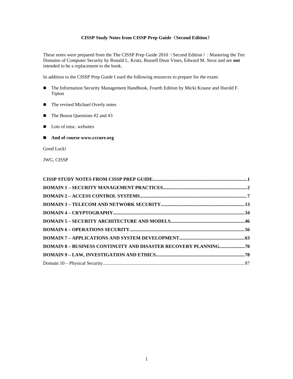 CISSP Study Notes from CISSP Prep Guide（Second Edition）.doc_第1页