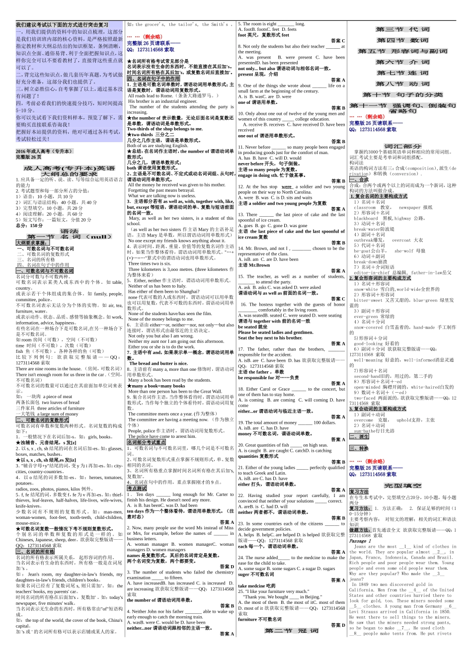 成人高考（专升本）英语 成考核心考点笔记 成考小抄 成考重点资料.doc_第1页