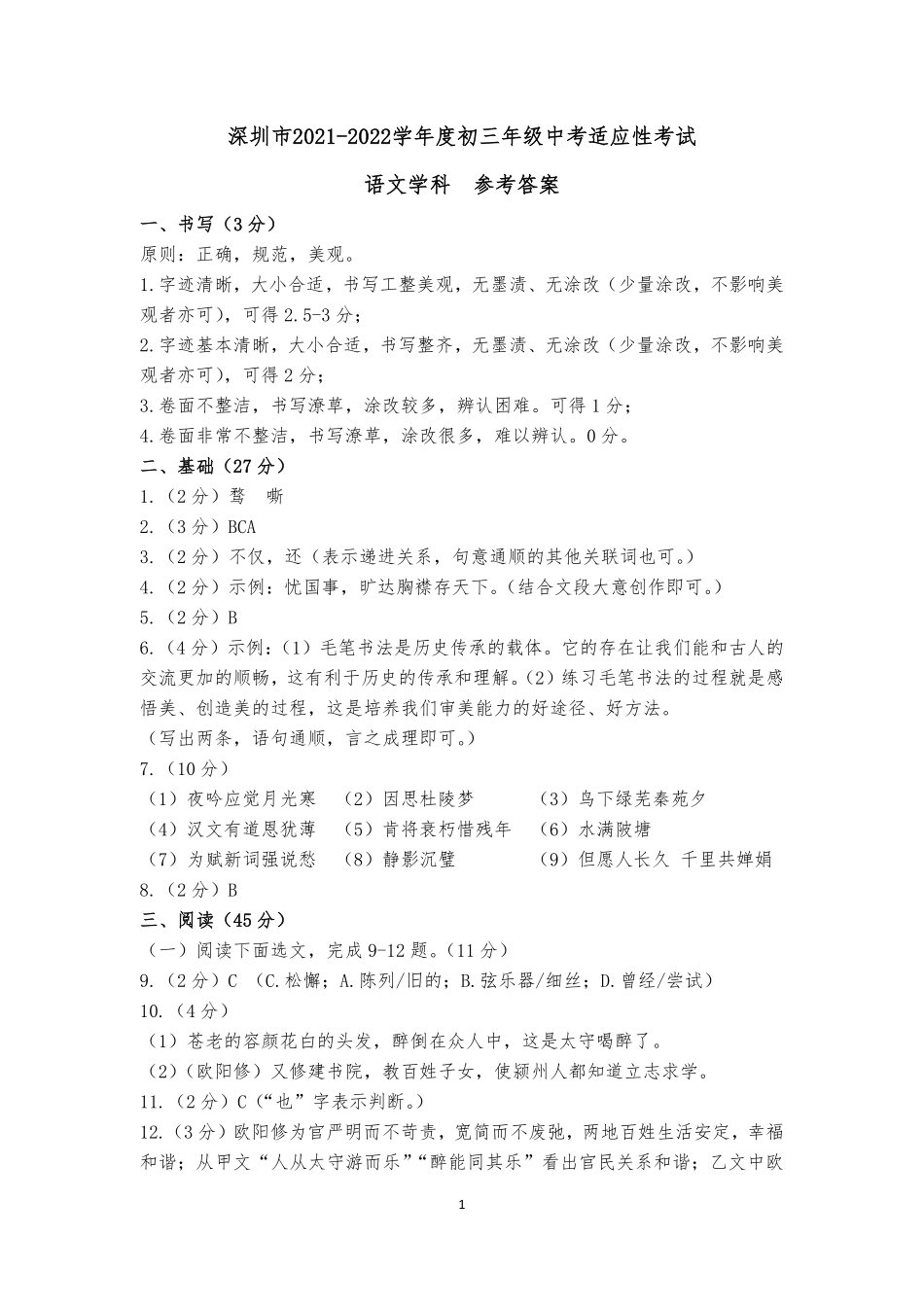3.深圳市2021-2022学年初三年级中考适应性考试——语文学科参考答案(1)(1)【01资源网：01zykk.com】.pdf_第1页
