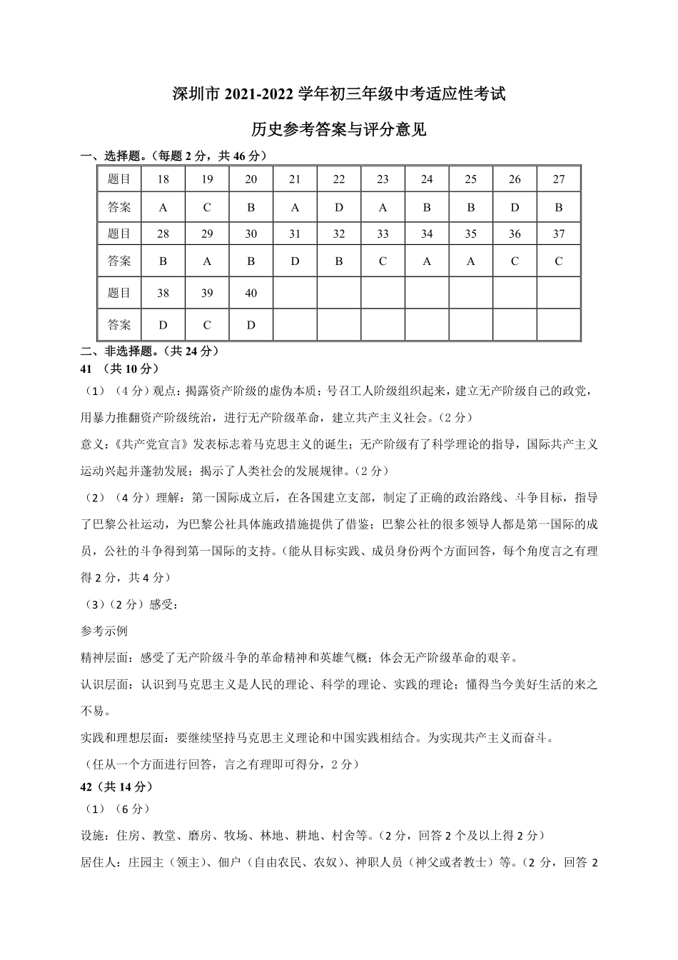 2【01资源网：01zykk.com】.深圳市2021-2022学年初三年级中考适应性考试——历史参考答案与评分意见【01资源网：01zykk.com】.pdf_第1页
