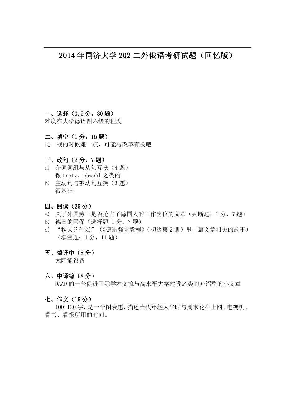 2014年同济大学202 二外俄语考研试题（回忆版）.pdf_第1页