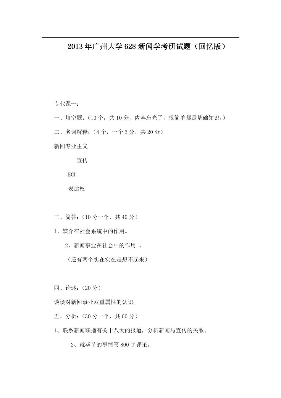 2013年广州大学628新闻学考研试题（回忆版）.pdf_第1页