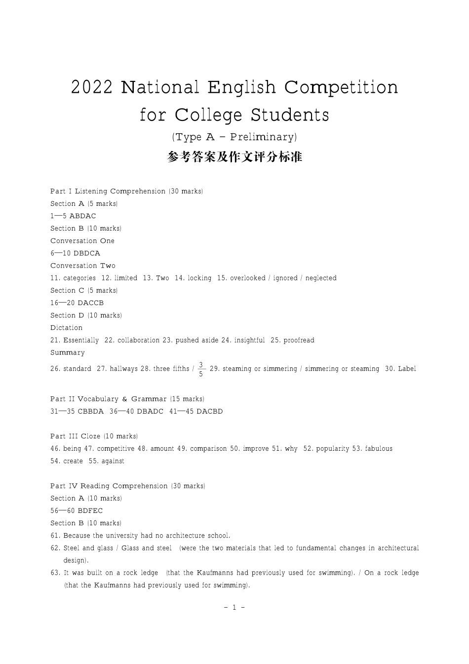 2022年9月全国大学生英语竞赛A类初赛参考答案(1).pdf_第1页
