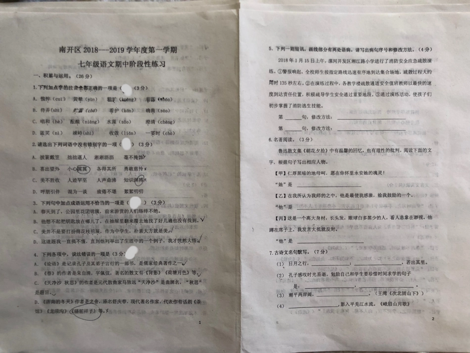 南开区2018-2019年第一学期期中考试卷（语文）.pdf_第1页