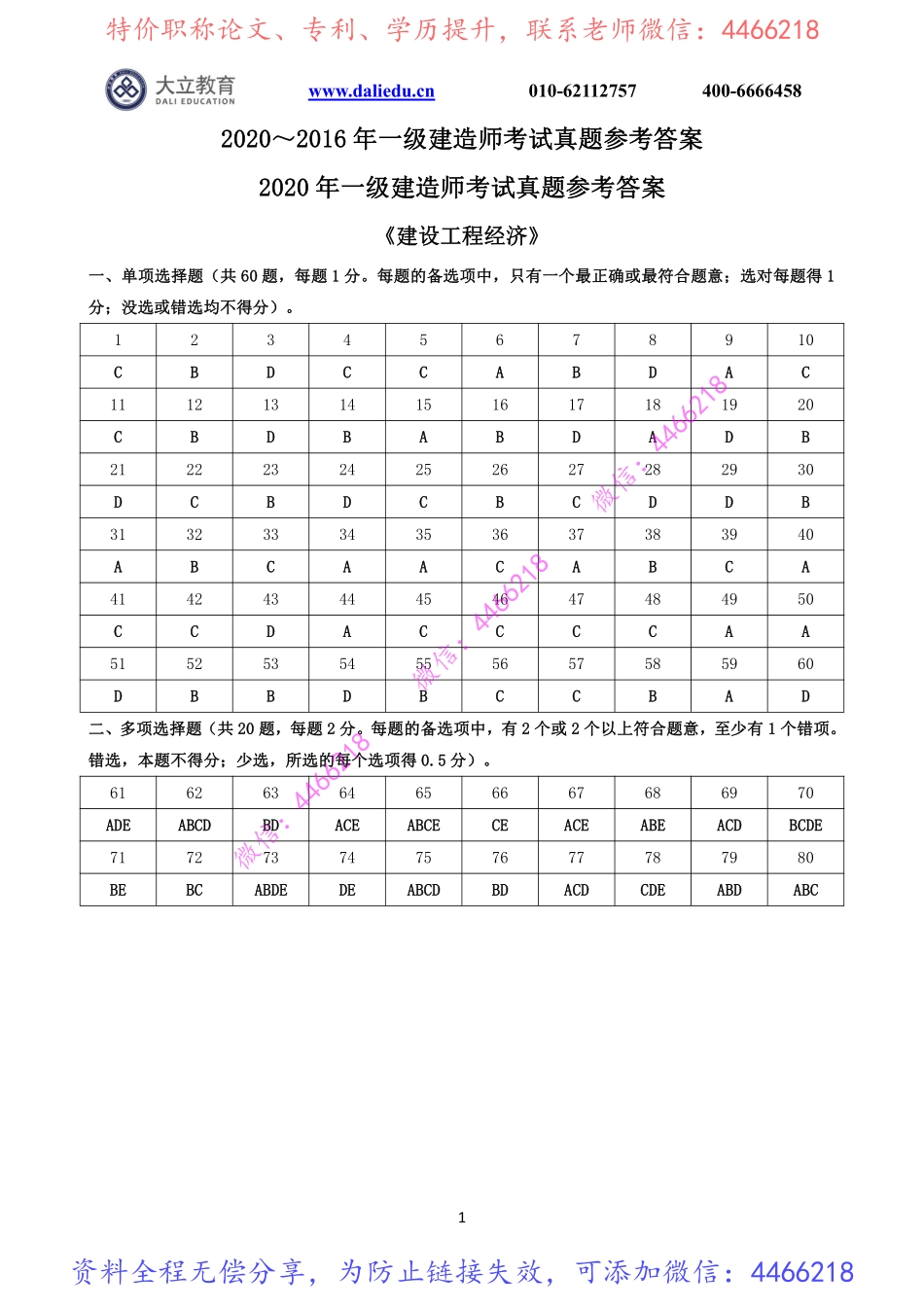 2020～2016一建《经济》真题参考答案.pdf_第1页