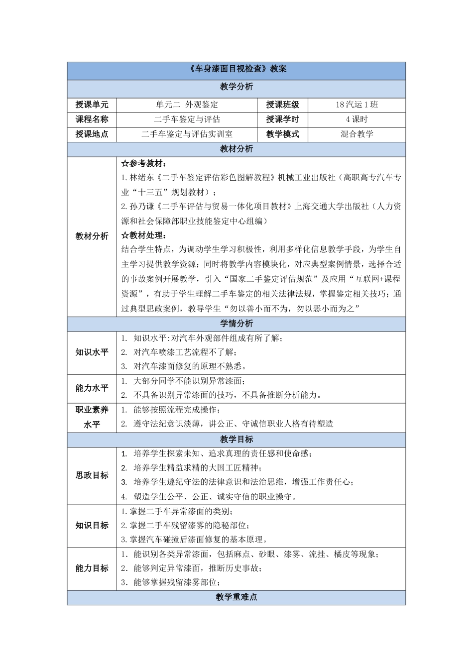(3.1.2.1)--项目单元二外观鉴定——1.车身漆面目视检查（4课时）.doc_第1页