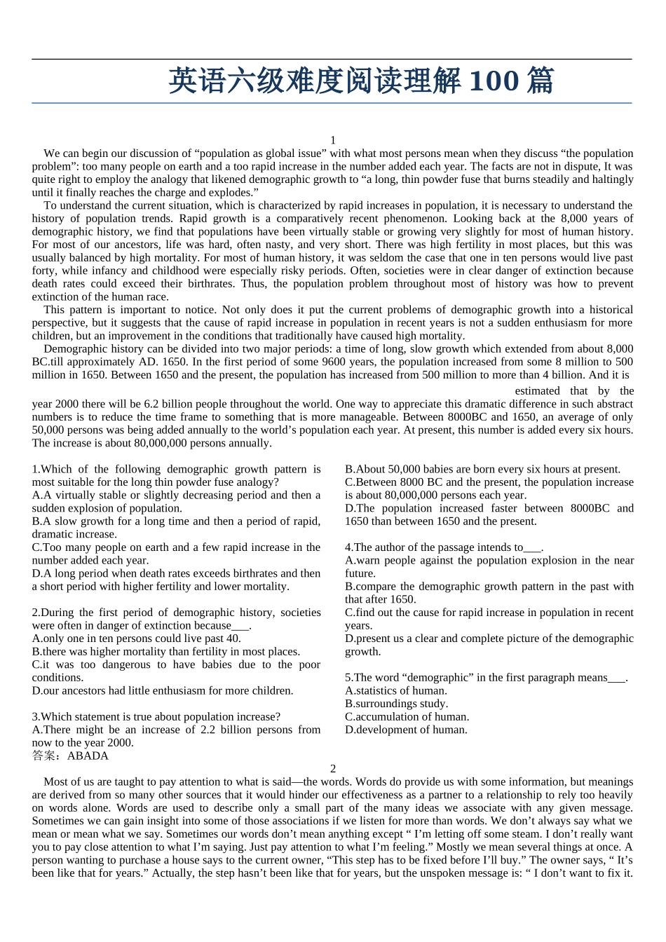 03.六级难度阅读理解100篇（大部分含答案）.doc_第1页