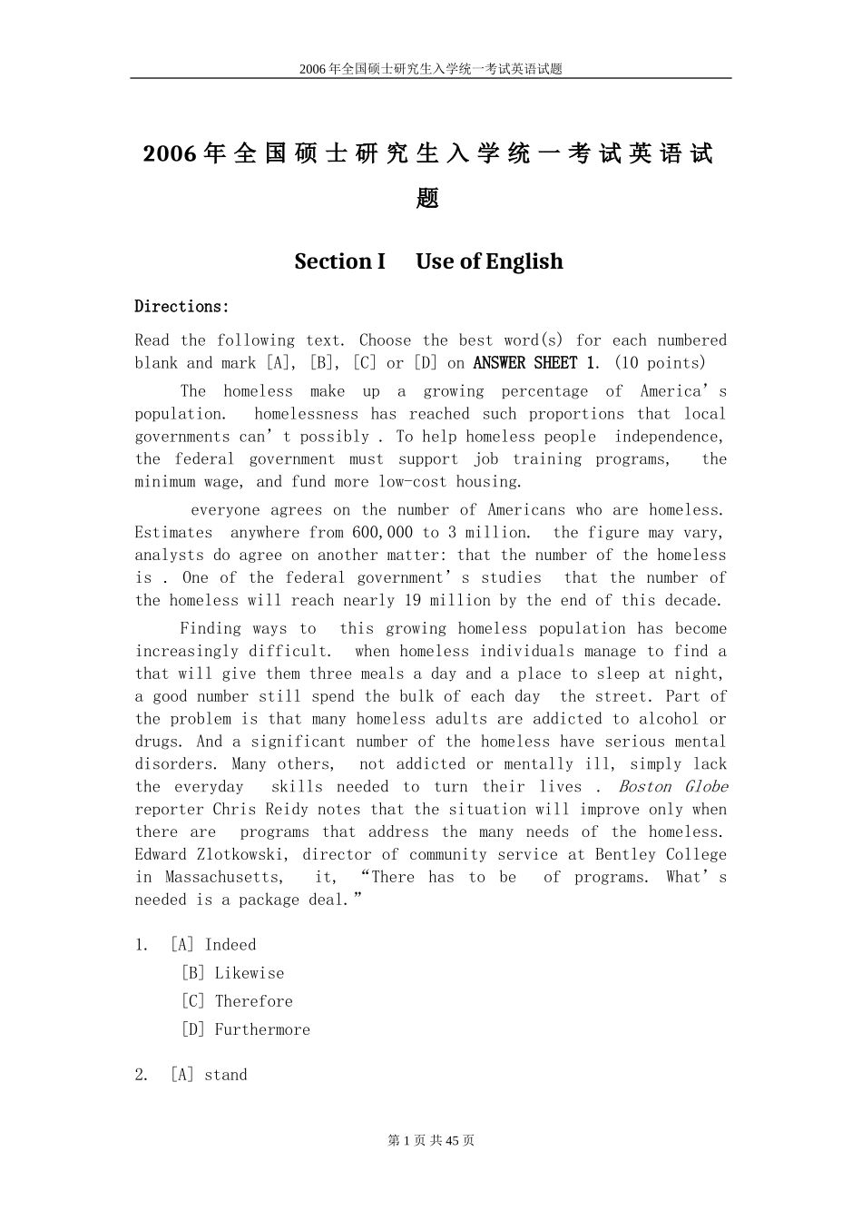 2006年考研英语真题及答案完整解析.doc_第1页