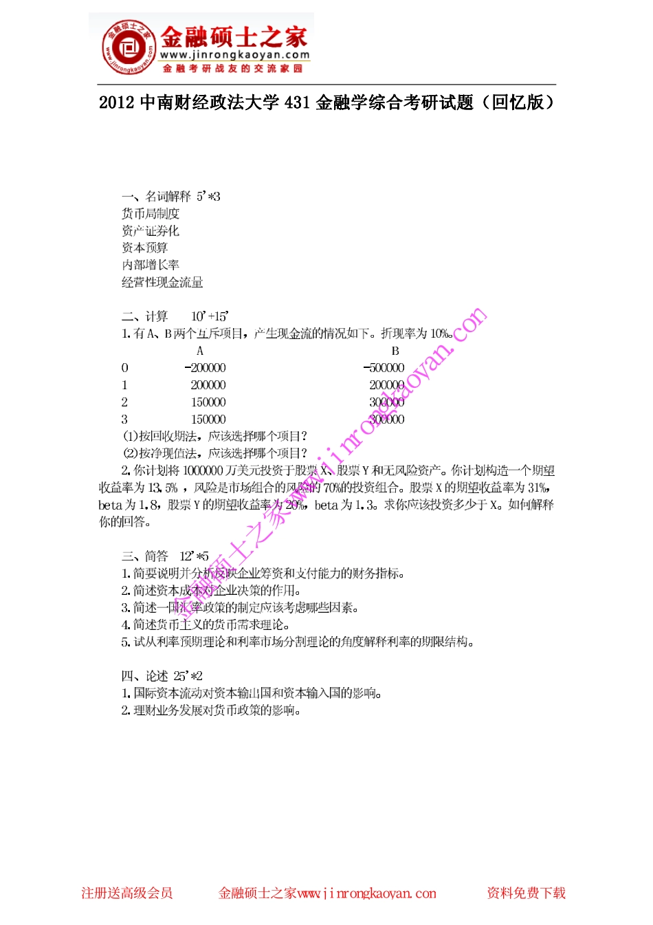 2012年中南财经政法大学431金融学综合考研试题（回忆版）.pdf_第1页