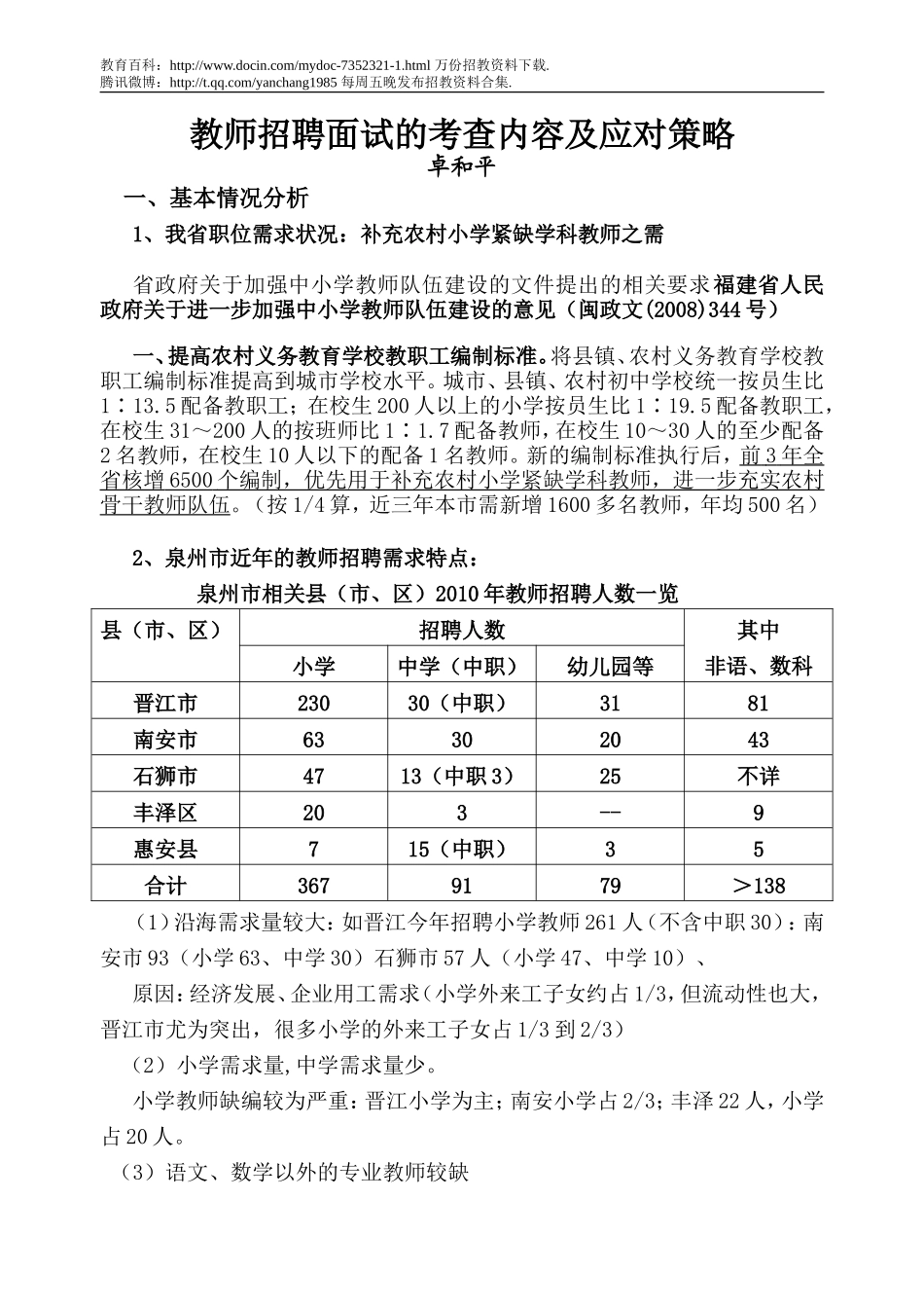 【豆丁★教育百科】教师招聘面试考评的应对策略(泉州师院).doc_第1页