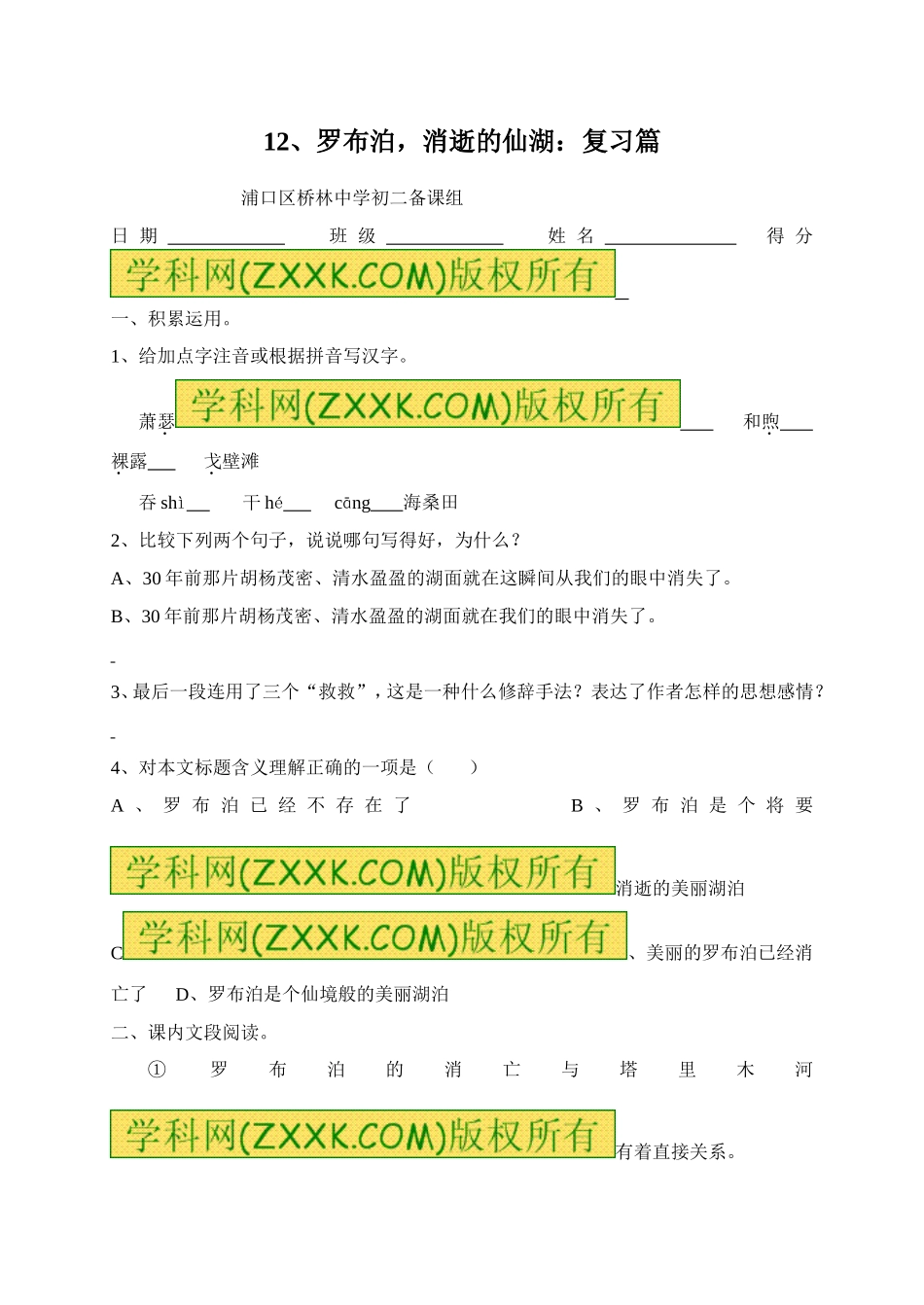 12罗布胡消失的仙湖练习1.doc_第1页