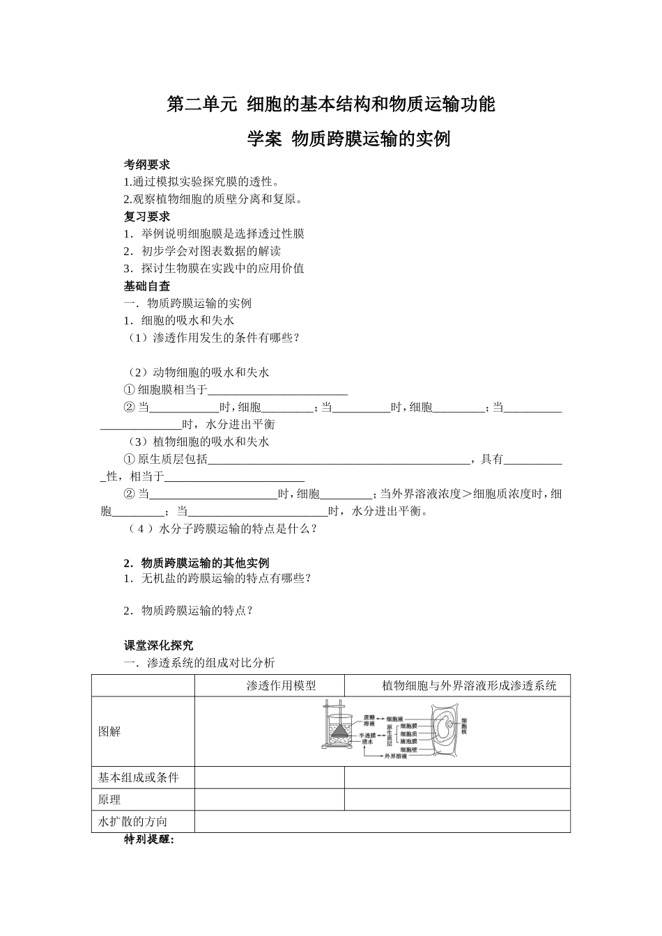 2013届高考生物一轮复习学案：第2单元 物质跨膜运输的实例.doc_第1页