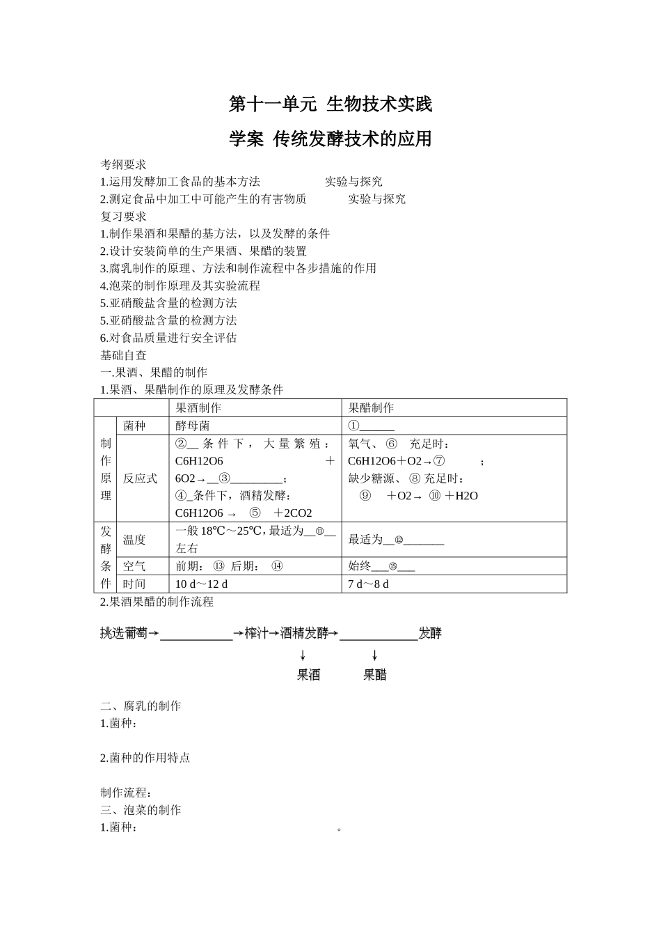 2013届高考生物一轮复习学案：第11单元 传统发酵技术的应用.doc_第1页