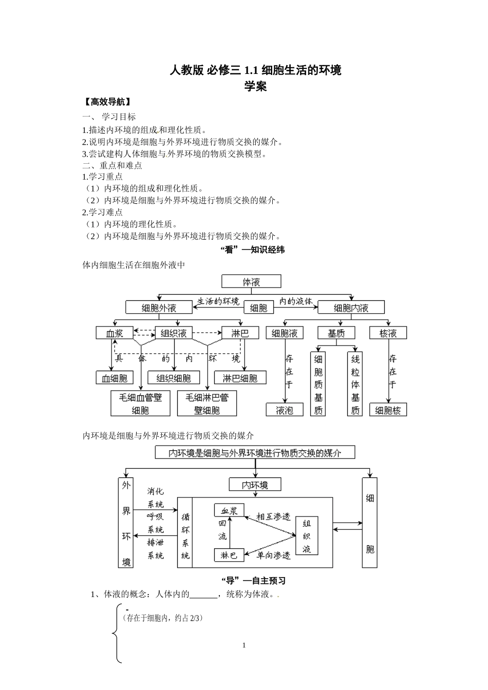 高中生物精品学案：1.1 细胞生活的环境.doc_第1页