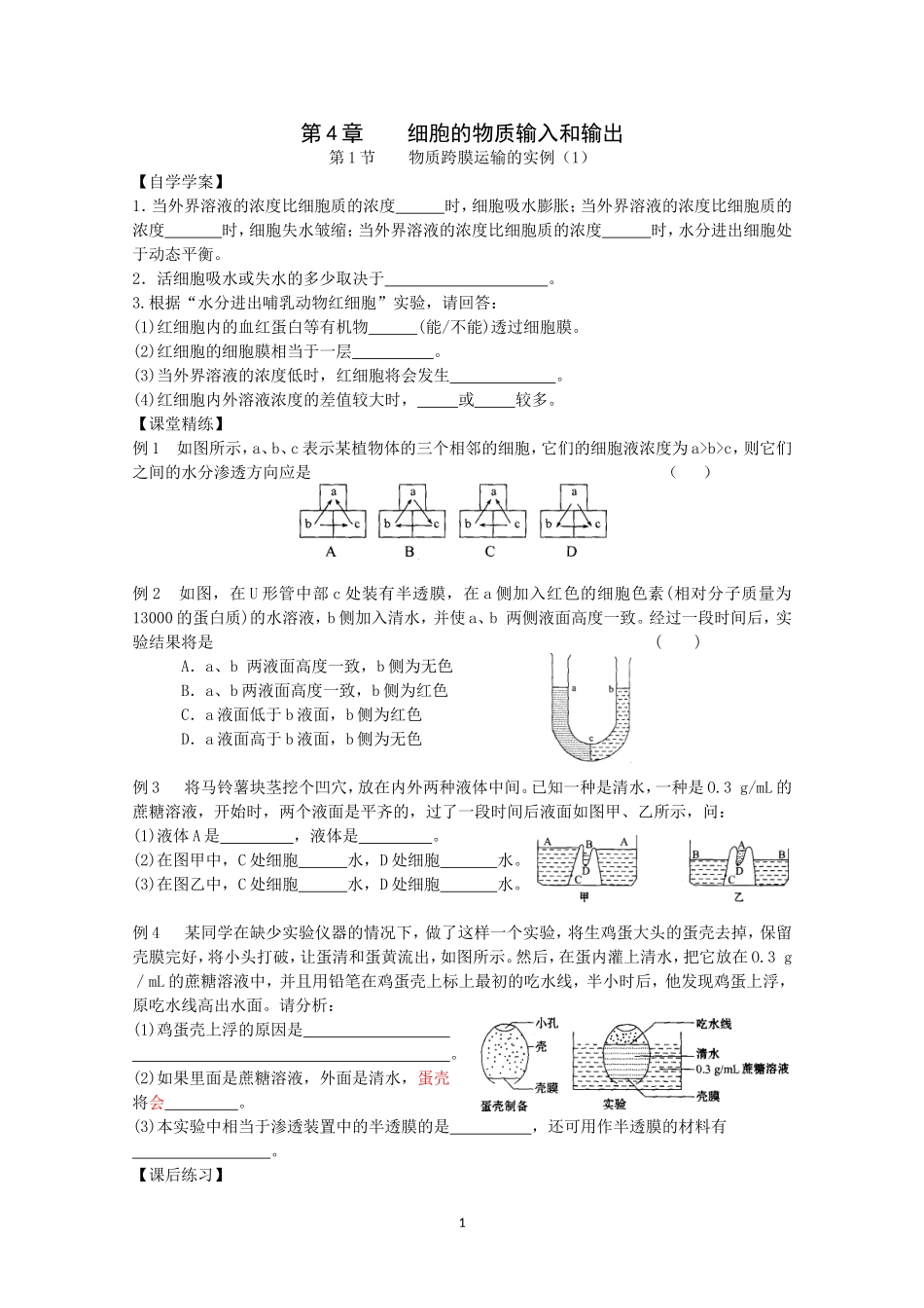 生物同步学案：4.1《物质跨膜运输的实例》（1）（新人教版必修1）.doc_第1页