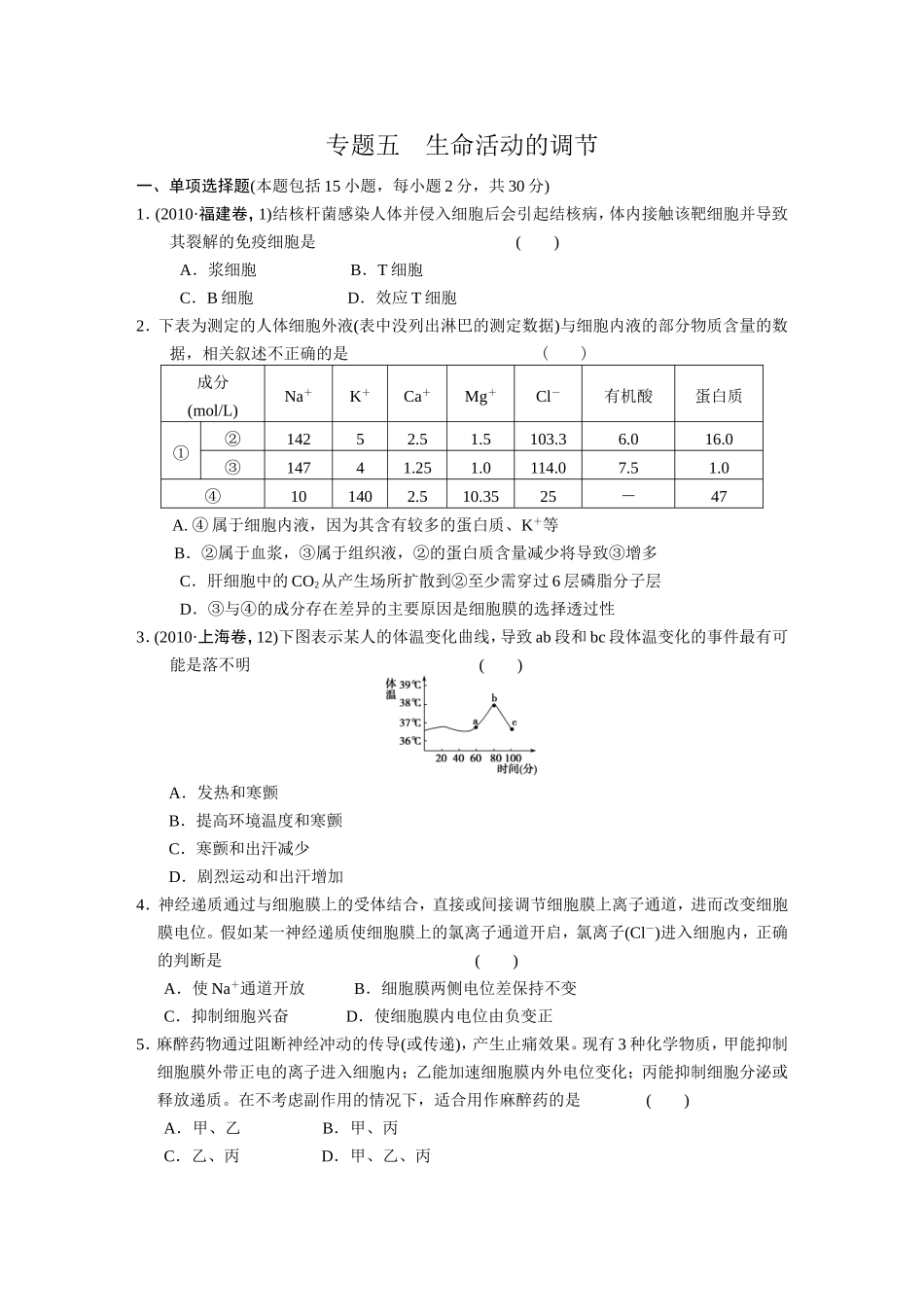 专题5　生命活动的调节 训练.DOC_第1页