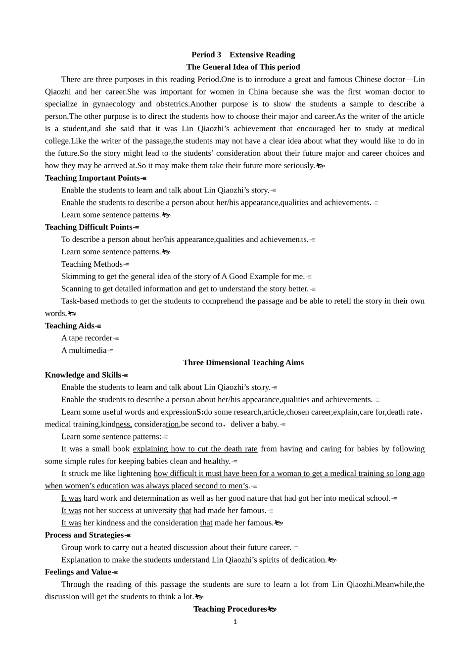 Unit 1 Women of achievement Period 3 Extensive Reading 优秀教案（人教版必修4）.doc_第1页