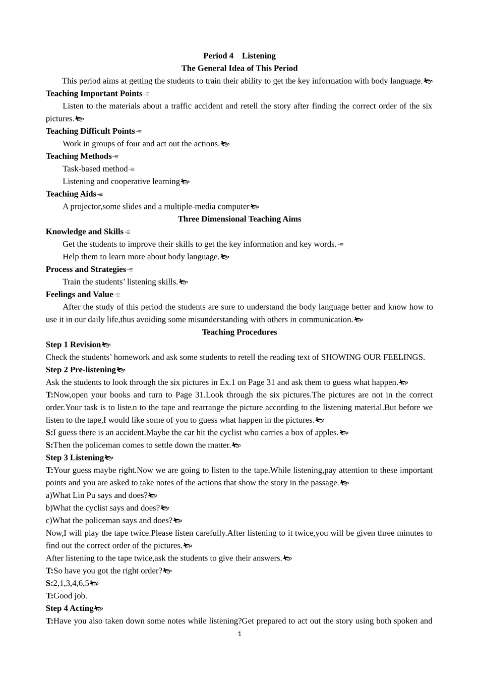 Unit 4 Body languange Period 4 Listening 优秀教案（人教版必修4）.doc_第1页
