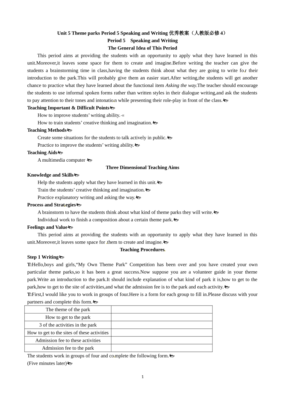Unit 5 Theme parks Period 5 Speaking and Writing 优秀教案（人教版必修4）.doc_第1页