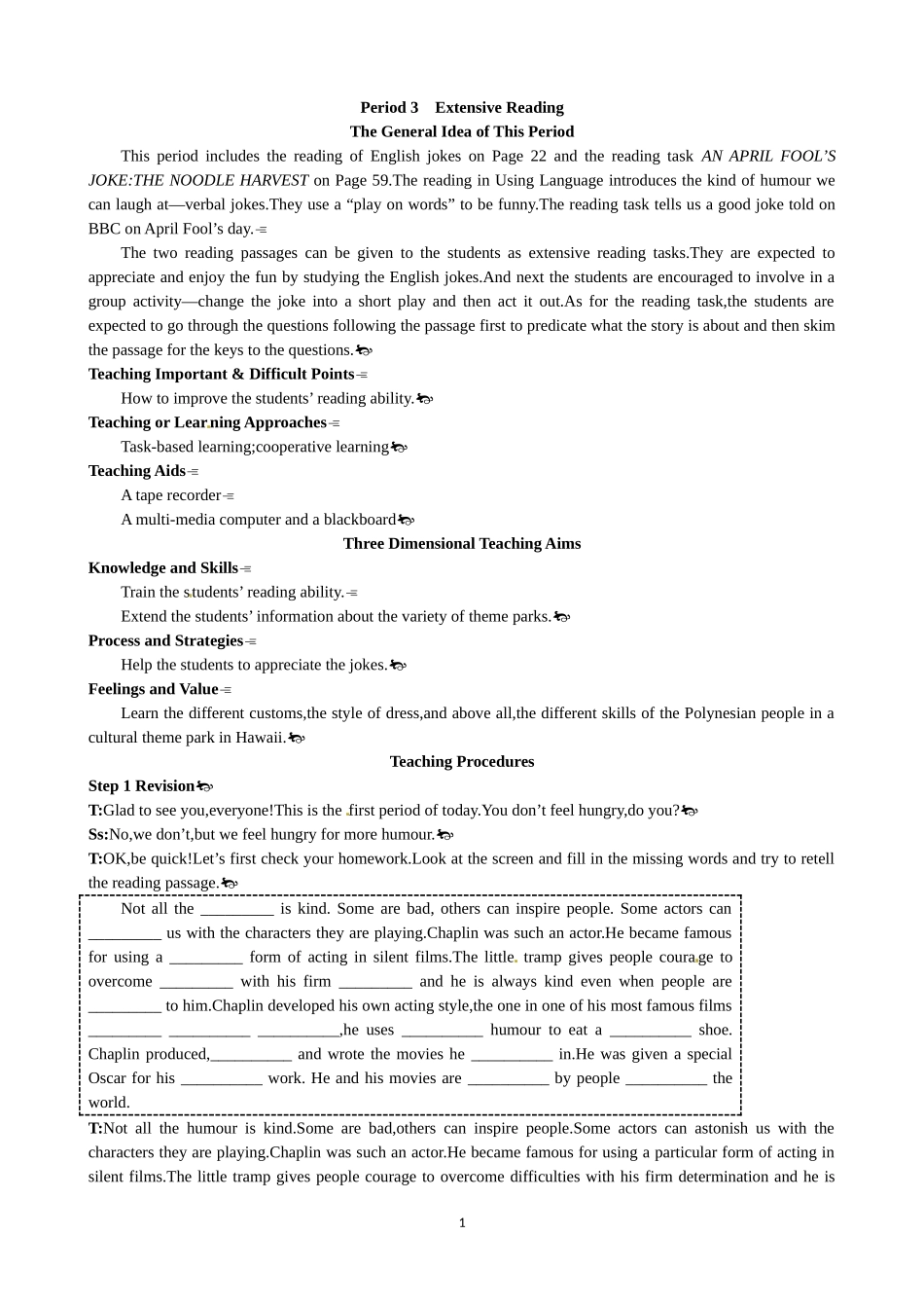 Unit 3 A taste of English humour Period 3 Extensive Reading 优秀教案（人教版必修4）.doc_第1页