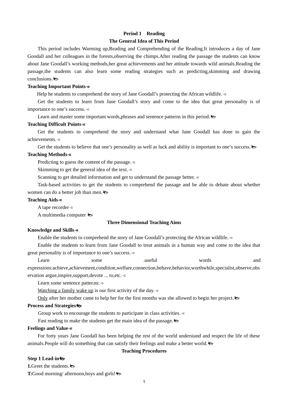 Unit 1 Women of achievement Period 1 Reading 优秀教案（人教版必修4）.doc_第1页