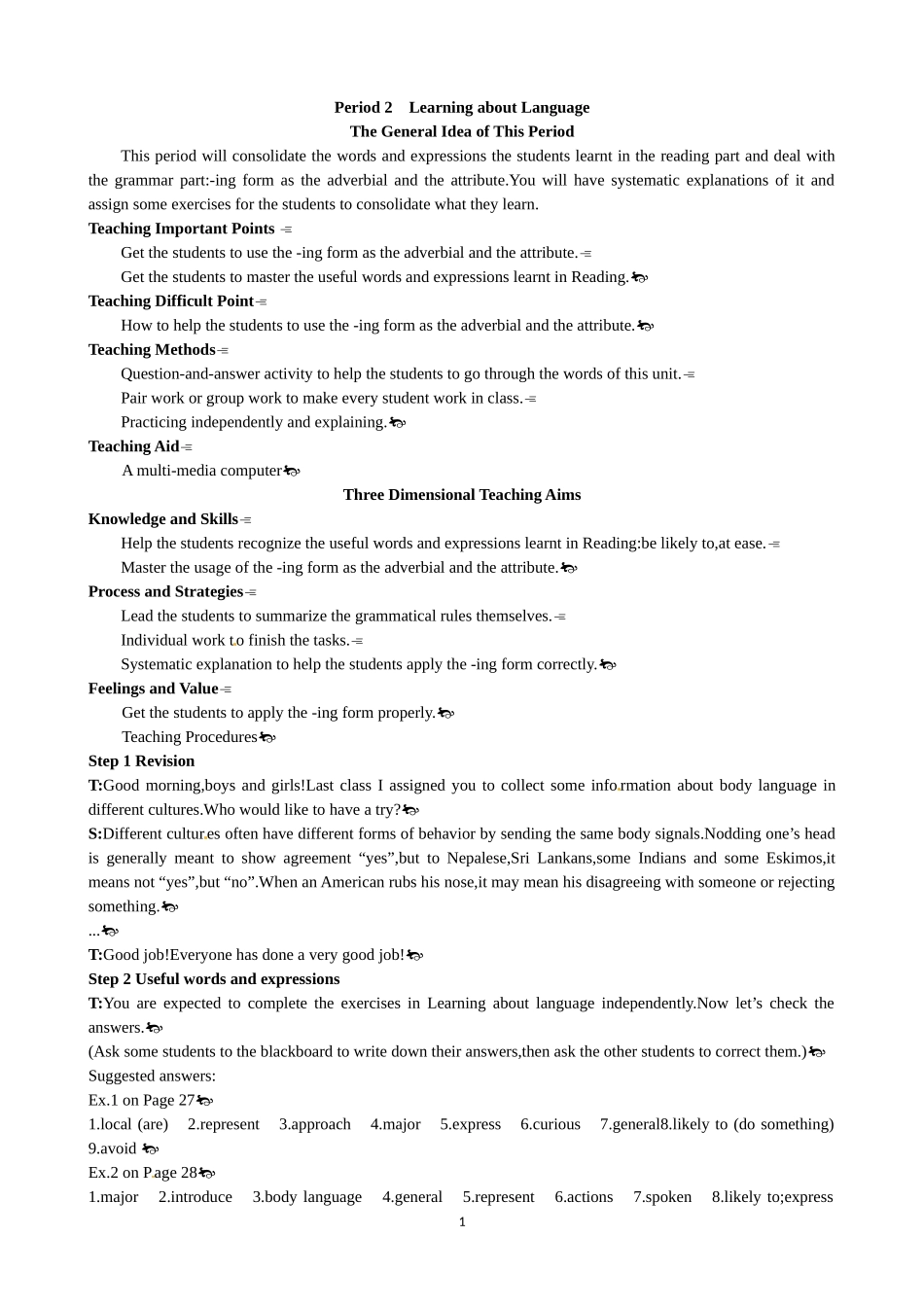 Unit 4 Body languange Period 2 Learning about Language 优秀教案（人教版必修4）.doc_第1页