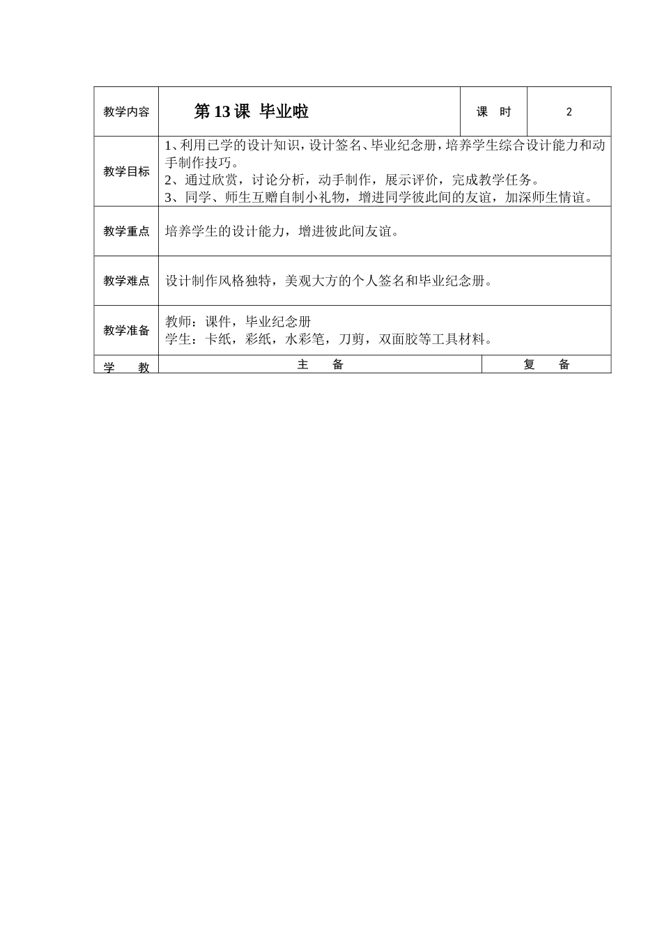 人教小学美术六下《第13课毕业啦》word教案.doc_第1页