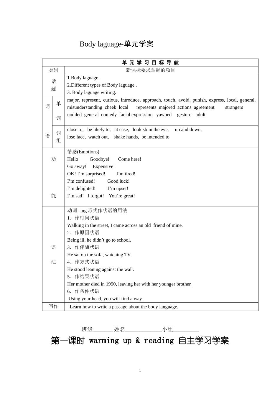 Unit4 Body laguage-单元学案 .doc_第1页