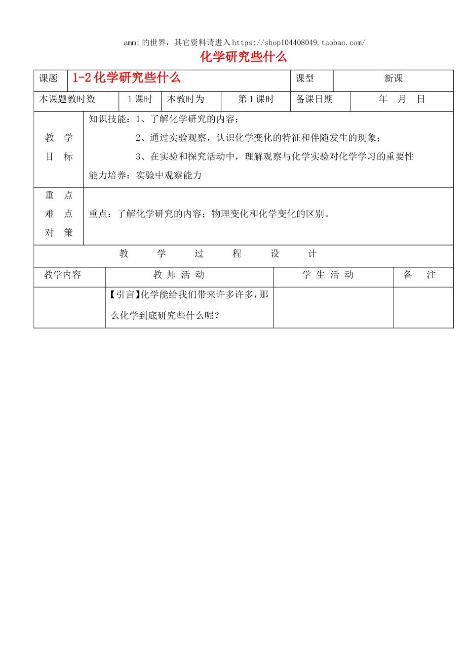 沪教初中化学九上《1第2节 化学研究些什么》word教案 (1).doc_第1页