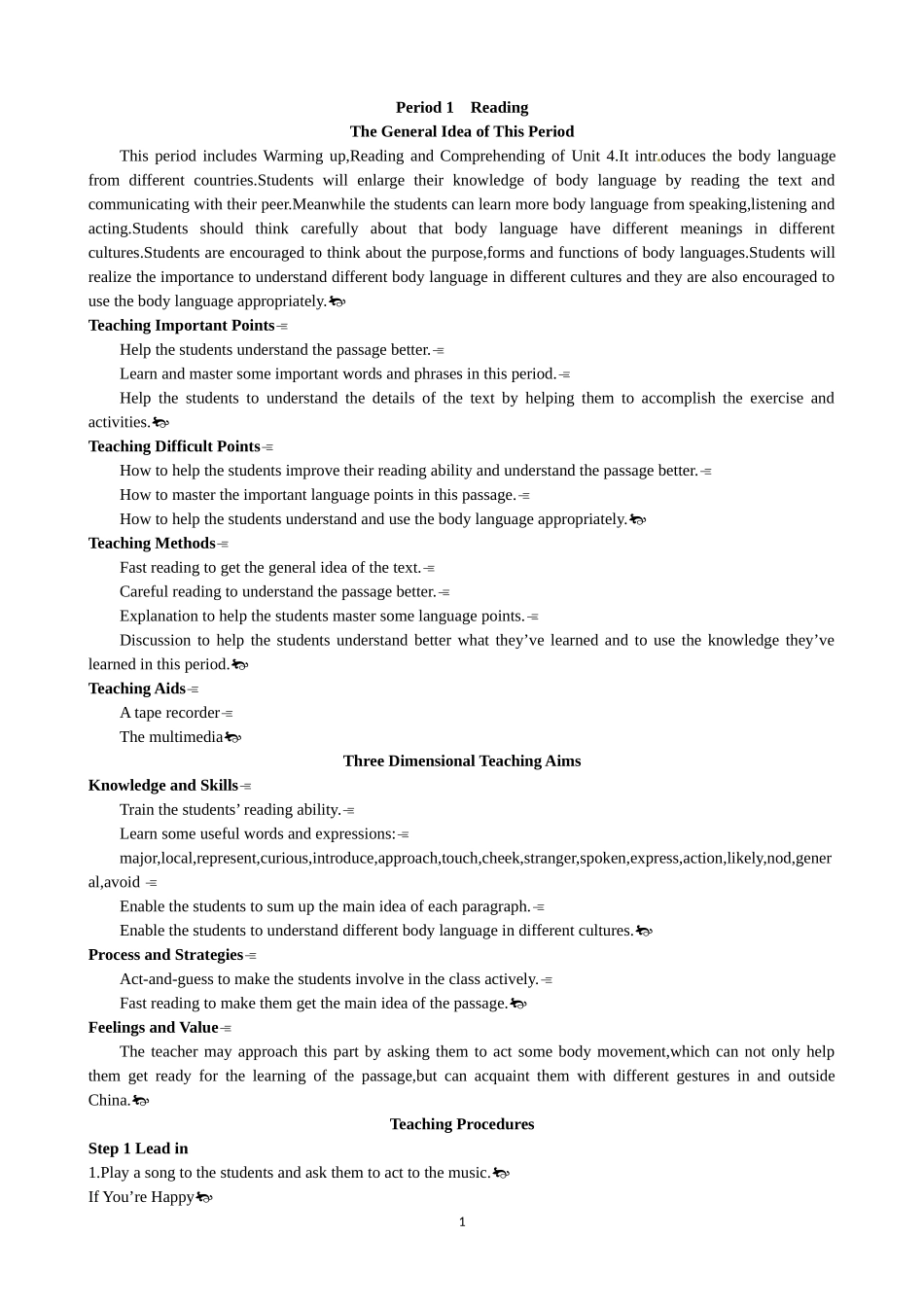 Unit 4 Body languange Period 1 Reading 优秀教案（人教版必修4）.doc_第1页