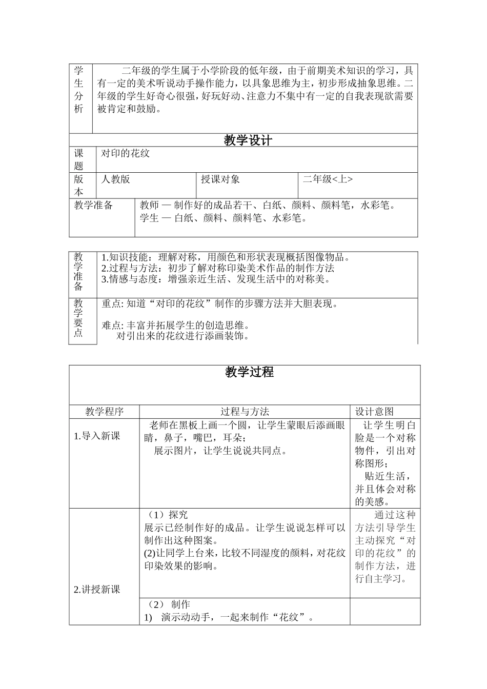 人教小学美术二上《第8课对印的花纹》word教案 (2).doc_第2页