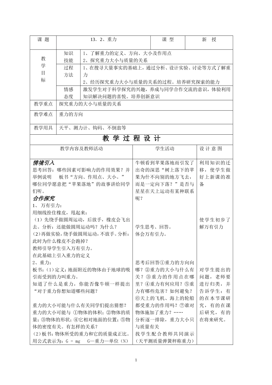 初中物理教案-人教版-九年级-13.2重力.doc_第1页