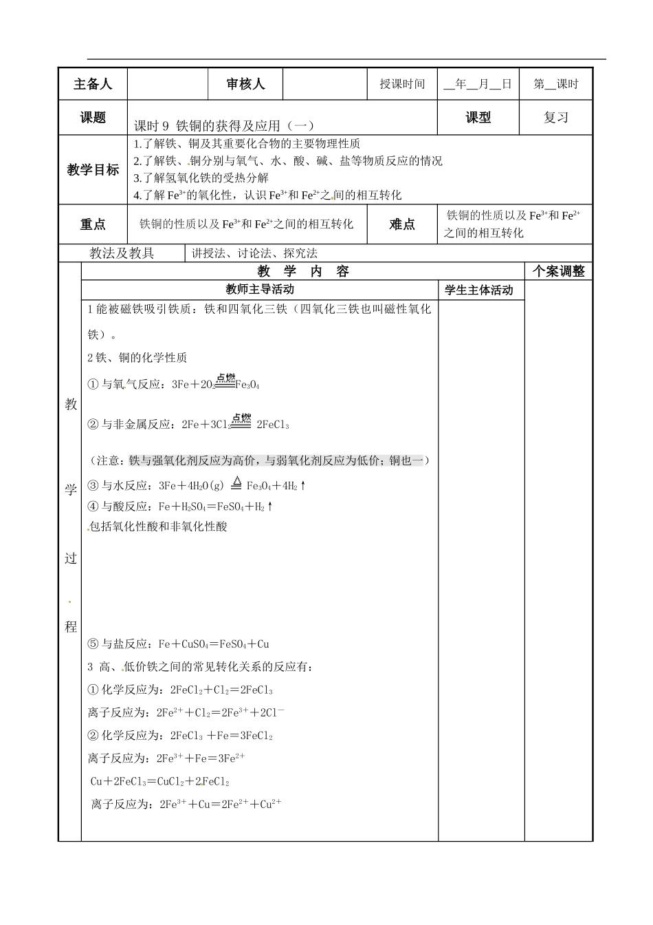 苏教版高中化学复习教案：课时9 铁铜的获得及应用（1）.doc_第1页