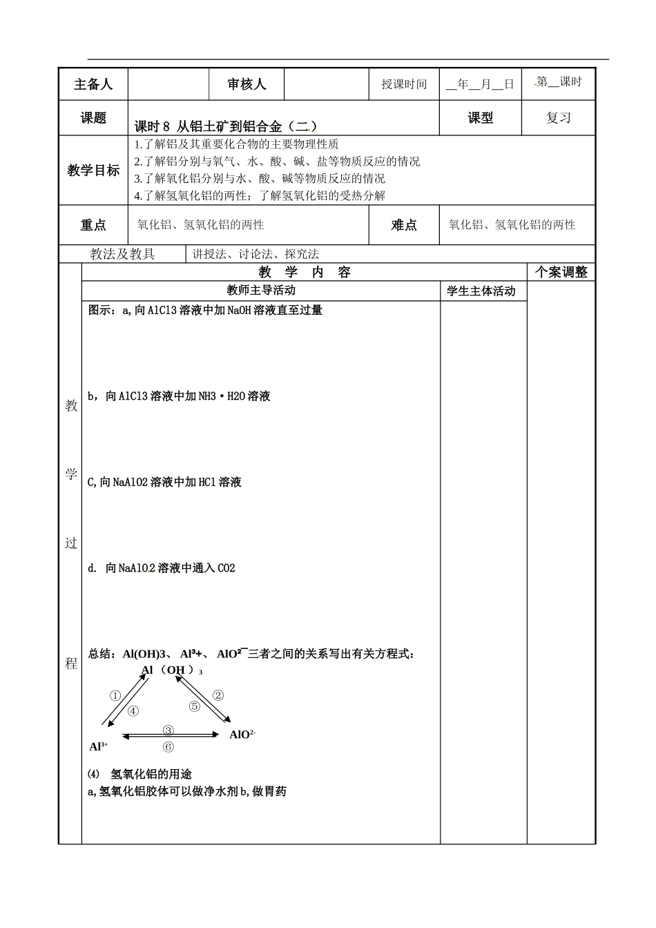 苏教版高中化学复习教案：课时8 从铝土矿到铝合金（2）.doc_第1页