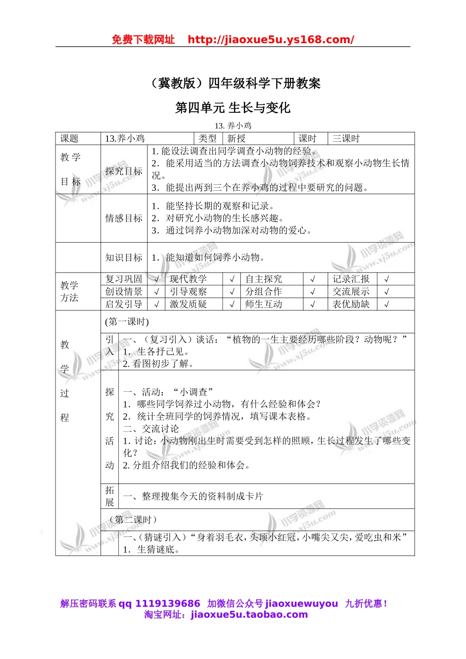 冀教小学科学四下册《13养小鸡 》word教案.doc_第1页