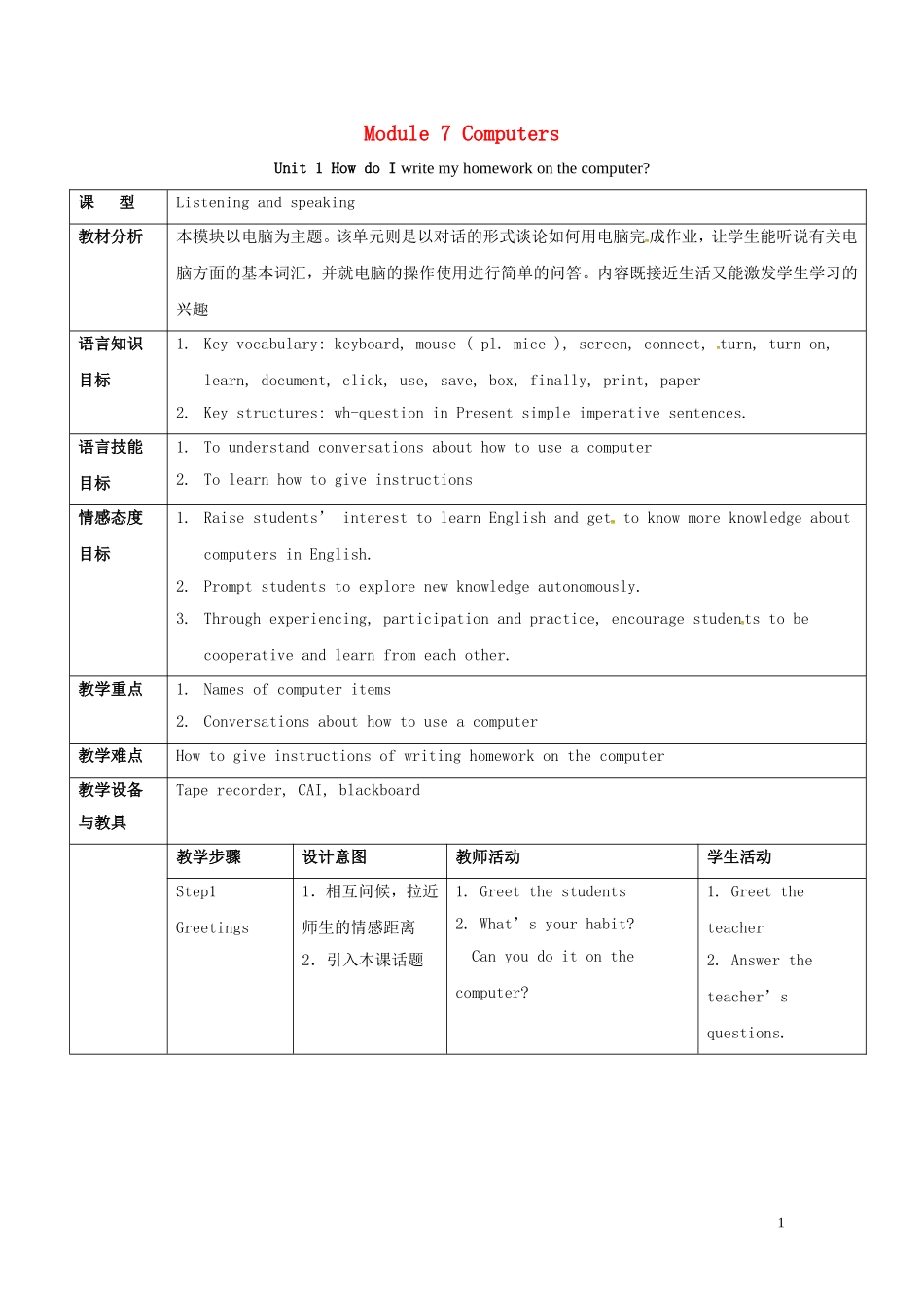 七年级英语上册 Module 7 Computers Unit 1 How do I write my homework on the computer教案 （新版）外研版.doc_第1页