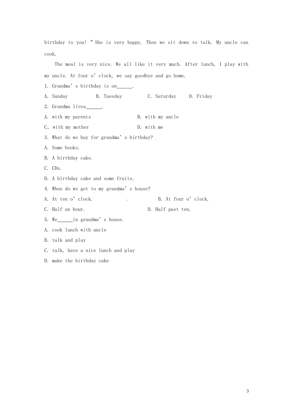 七年级英语上册 Module 8 Choosing presents Unit 1 I always like birthday parties课时作业 （新版）外研版.doc_第3页