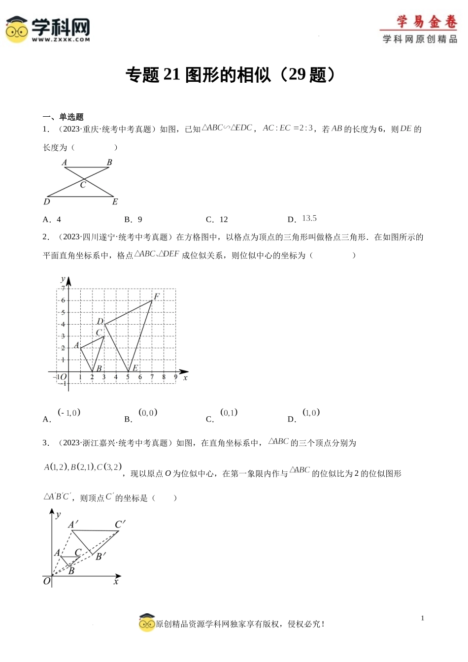 专题21 图形的相似（原卷版）.docx_第1页