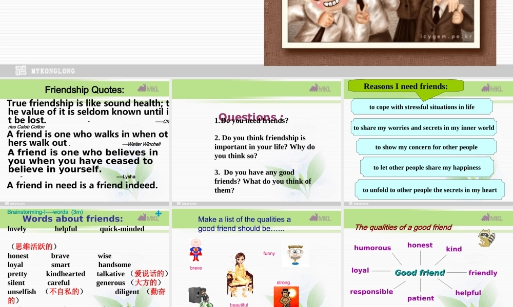 高一英语优质课件：Unit1 Friendship-Warming up and reading（新人教版必修1）.ppt