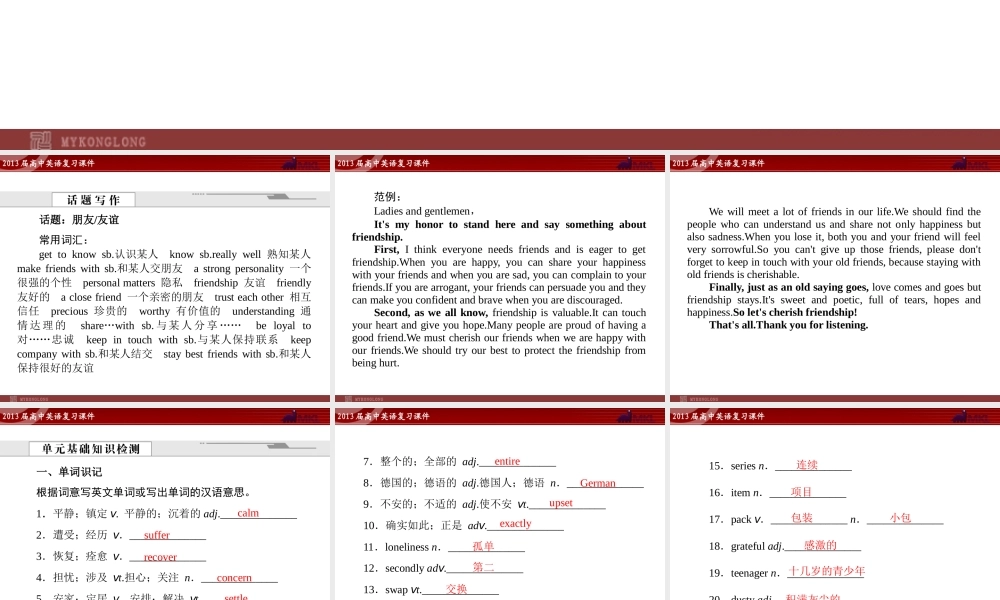 高中英语复习课件1：Unit 1 Friendship（新人教版必修1）.ppt