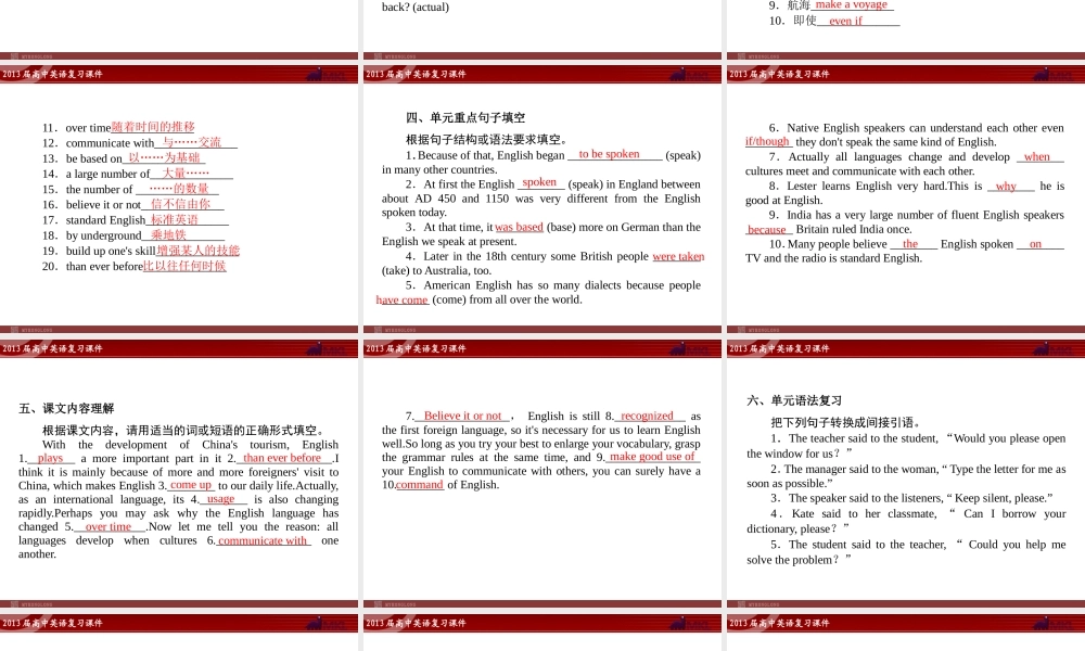 高中英语复习课件2：Unit 2 English around the world（新人教版必修1）.ppt